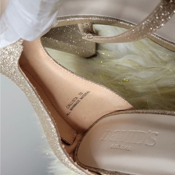 EUC: David’s Bridal Champagne Glitter Triple Strap Heels - Picture 6 of 9